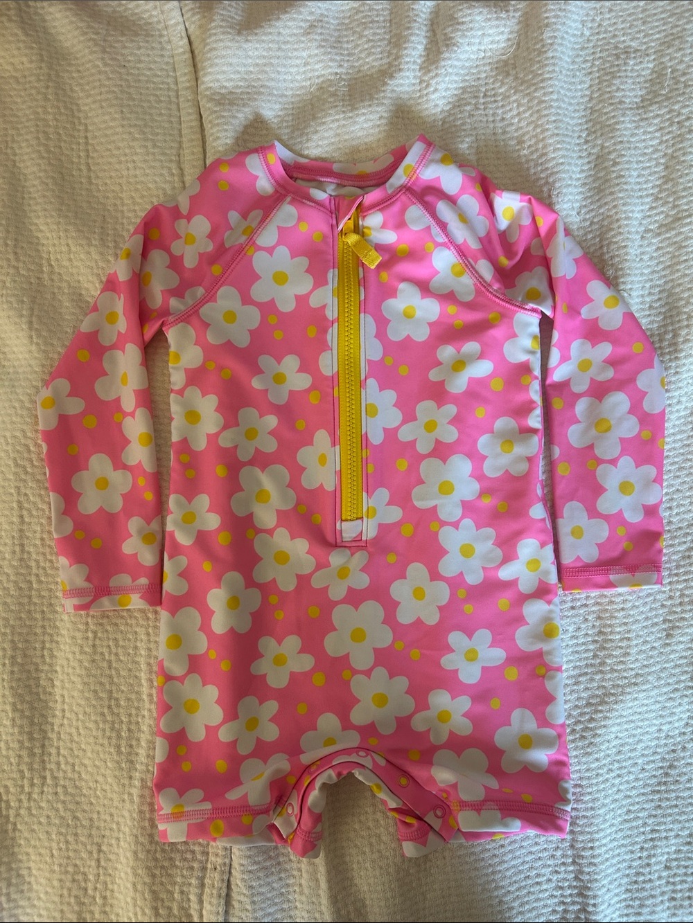 Kids Pink Floral Long-Sleeve Rash Guard Swimsuit with Yellow Zip